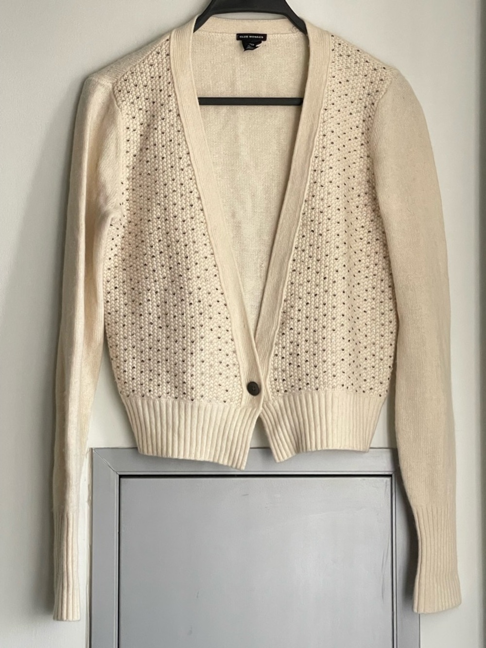 CLUB MONACO Ivory Wool & Cashmere Blend Cardigan w/ Textured Knit & Sequence